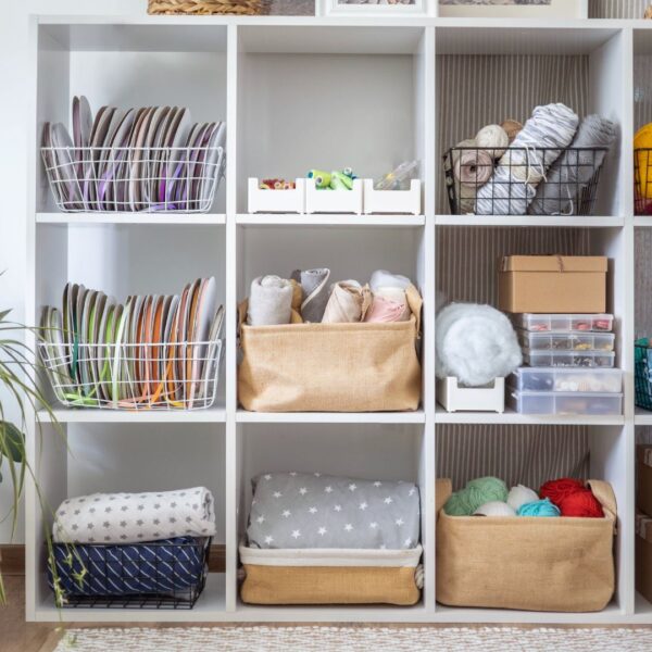 book shelf being used for storage