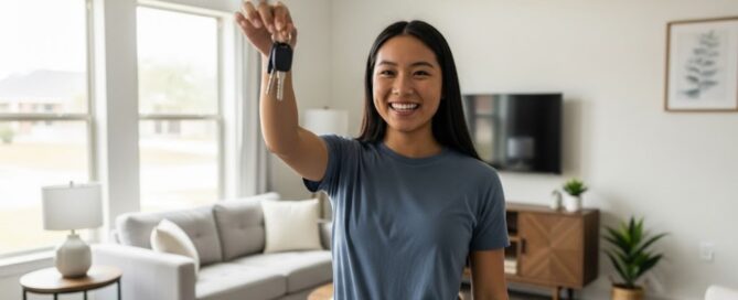 woman holding keys in new apartment