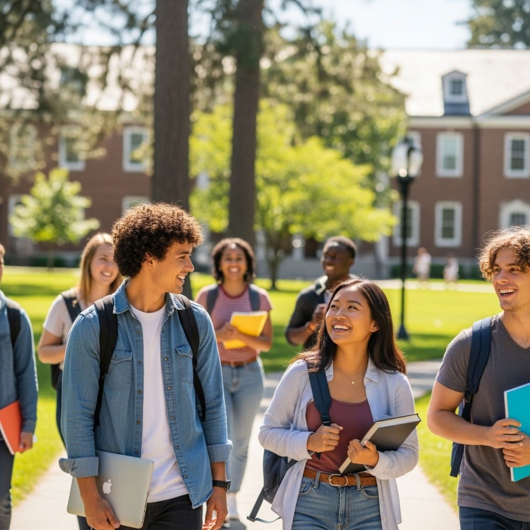 students walking through campus