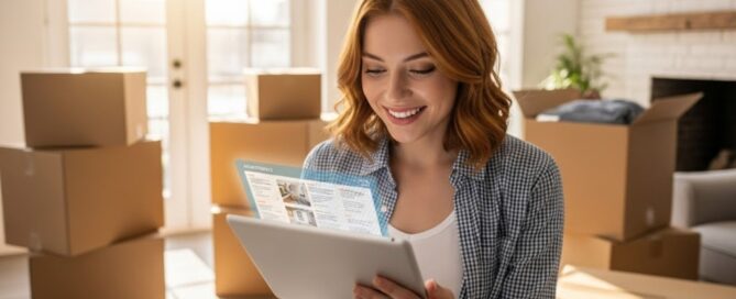 happy student successfully finds an apartment fast online using an apartment finder service, with moving boxes in the background