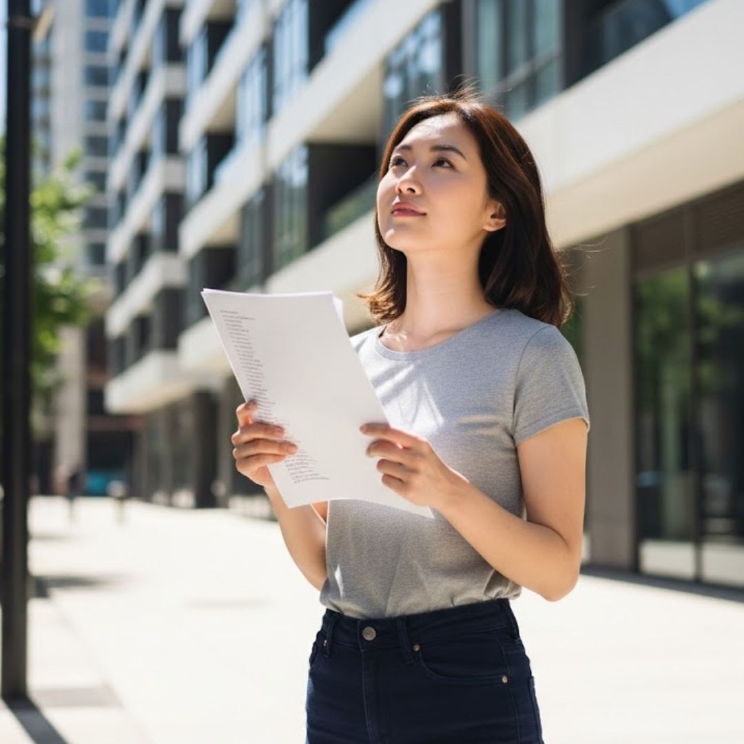 a person with a list in hand, looking at apartments