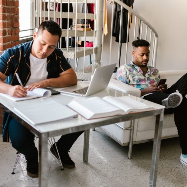 grad students studying in their apartment