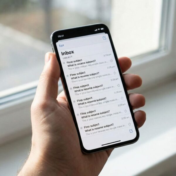 A close-up of a hand holding a smartphone displaying an email inbox full of unread messages.
