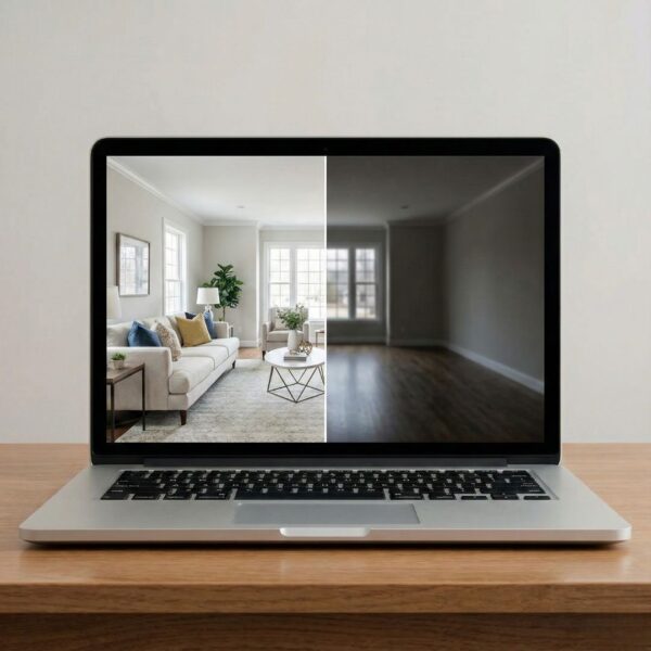 A laptop screen displaying a side-by-side comparison of a professional apartment photo and a low-quality, dark room photo.