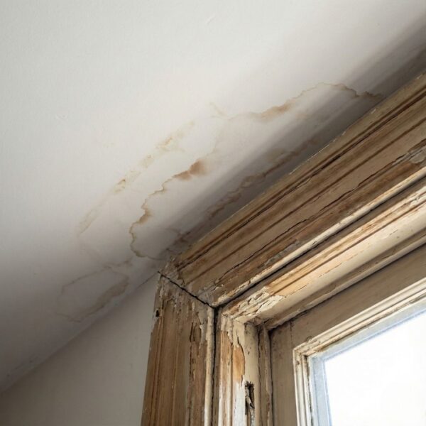 A close-up showing brown water stains on a white ceiling next to a dilapidated wooden window frame.