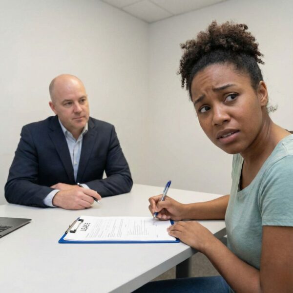 A person with a hesitant expression signing a lease agreement on a clipboard, with another person in a suit seated across from them.