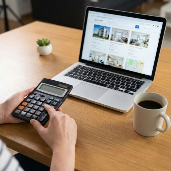 A person uses a calculator while looking at a laptop displaying apartment listings on a website.