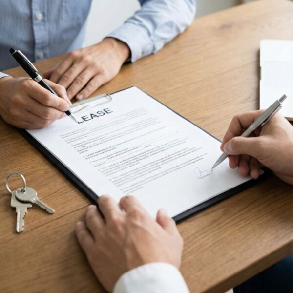 Close-up of two people signing a lease agreement document on a wooden desk with keys placed beside it.