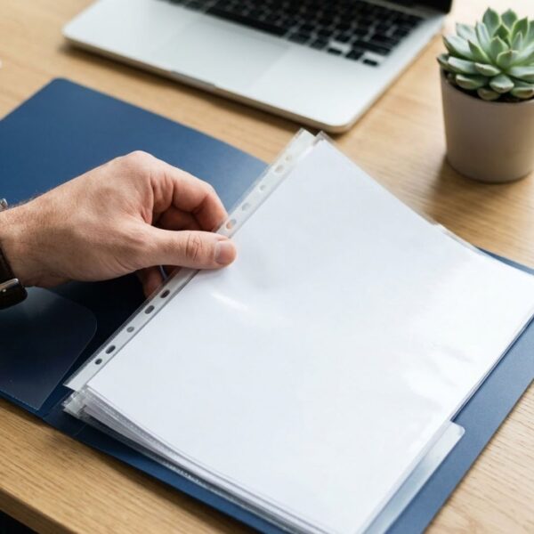 A person putting togteher plastic sleeves for a binder.